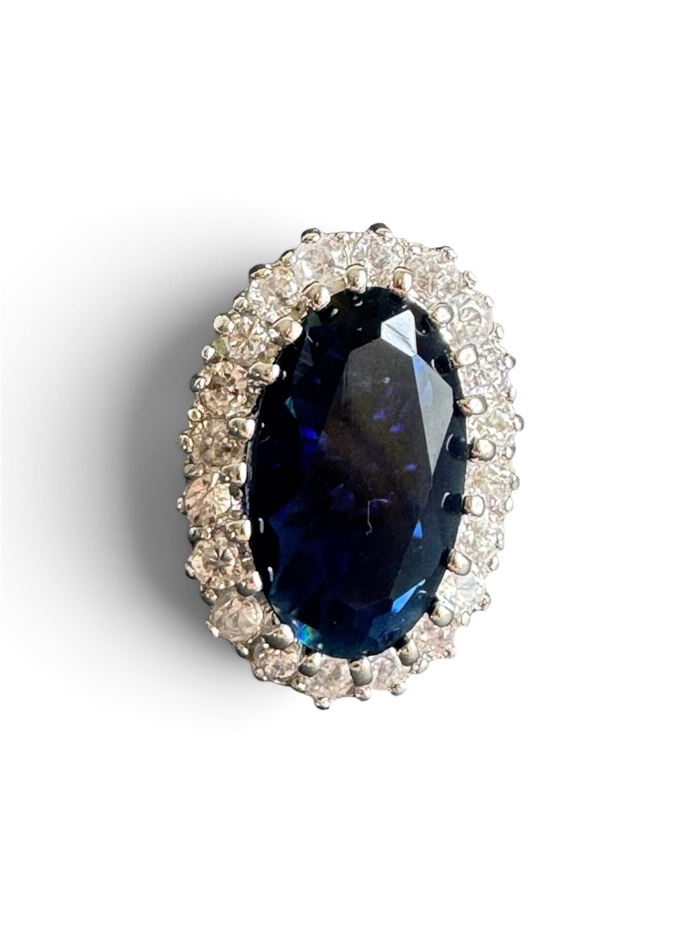 Cocktail Ring Faux Sapphire & Diamond Halo Cubic Zirconia Large Statement 6.5"